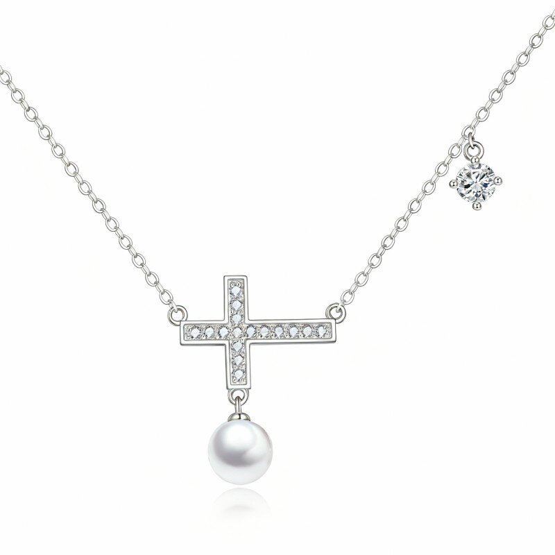 10K White Gold Cubic Zirconia & Pearl Cross Pendant Necklace-2