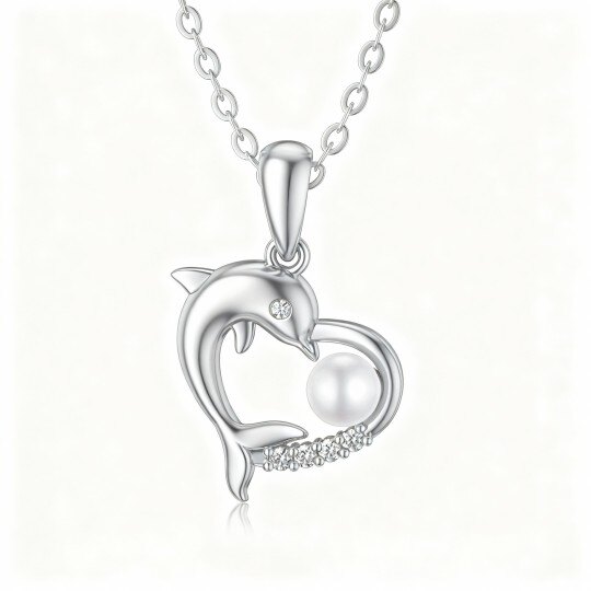 Collana con ciondolo a forma di delfino e cuore in oro bianco 9K con zirconi cubici e perle