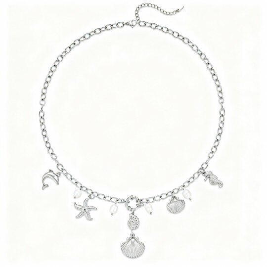 Collana con ciondolo a forma di delfino, cavalluccio marino, stella marina e conchiglia in oro bianco 10 carati