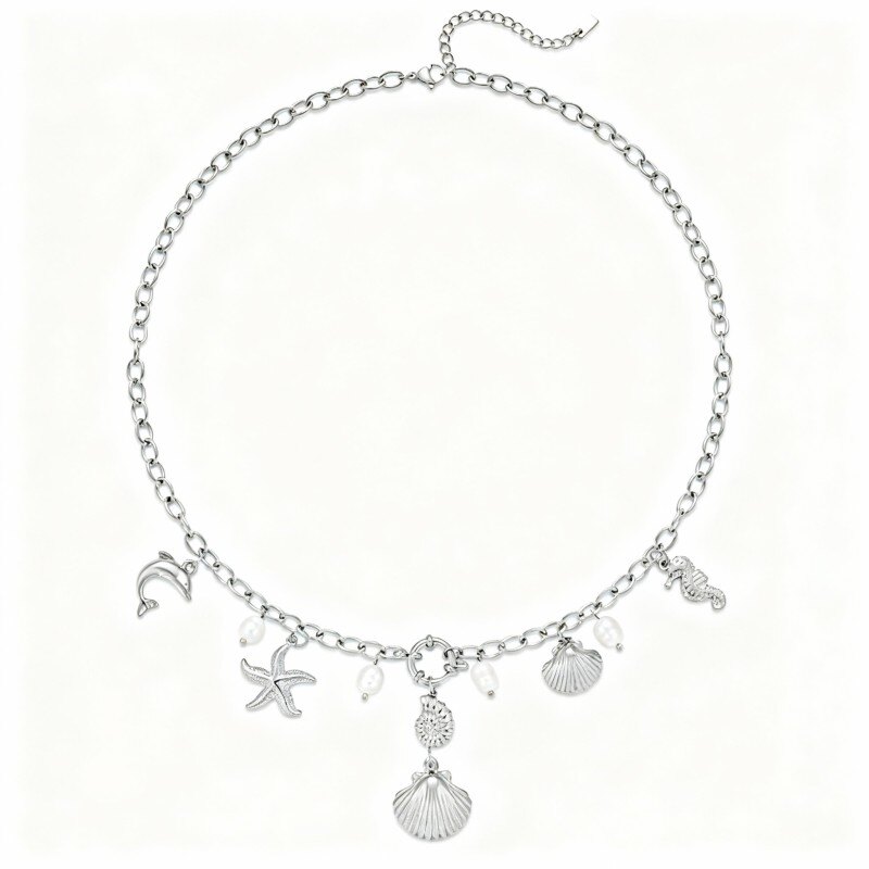 10K White Gold Pearl Dolphin & Seahorse & Starfish & Shell Pendant Necklace-1