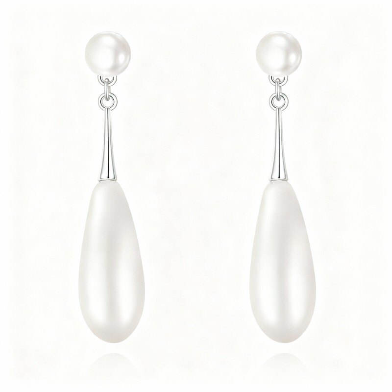 Boucles d'oreilles pendantes en or blanc 14 carats, forme perle-1