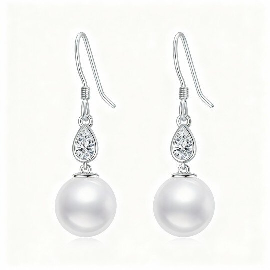 10K White Gold Cubic Zirconia & Pearl Drop Shape Drop Earrings
