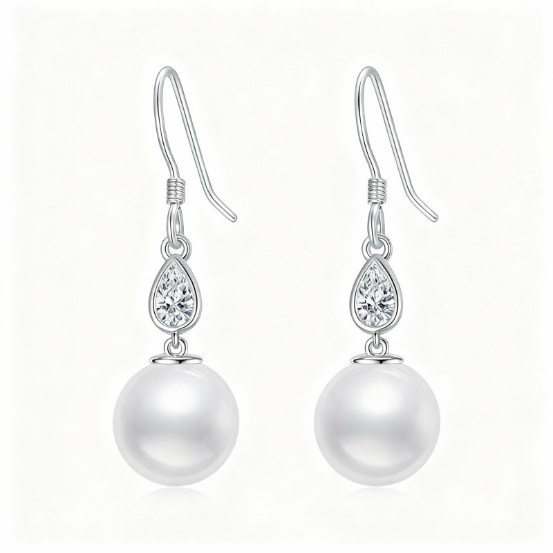 Orecchini pendenti in oro bianco 10K con zirconi cubici e perle-13