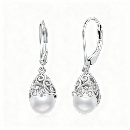 10K White Gold Pearl Drop Shape Lever-back Earrings