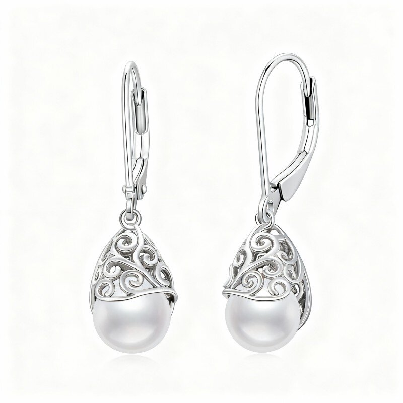 10K White Gold Pearl Drop Shape Lever-back Earrings-5