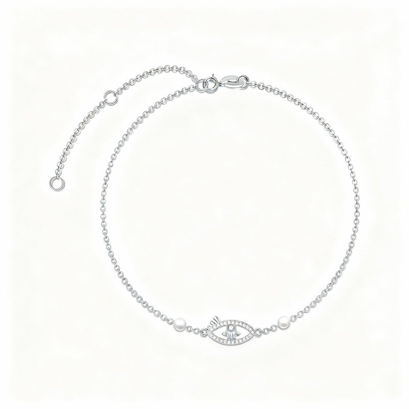 Pulseira com pendente olho grego em ouro branco 10K com pérola-7