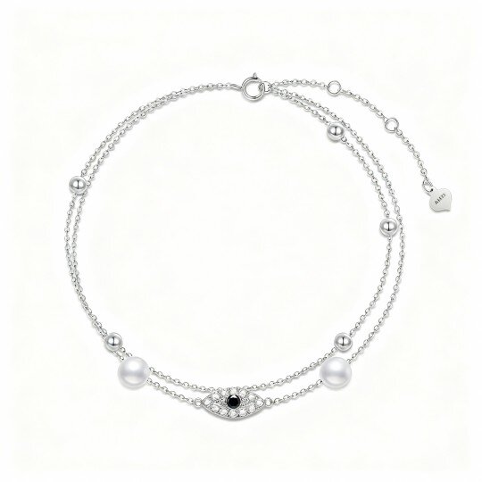 10K White Gold Pearl Evil Eye Multi-layered Charm Anklet