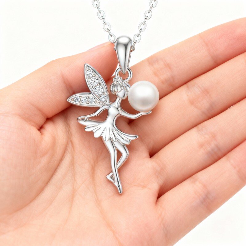 10K White Gold Cubic Zirconia & Pearl Fairy Pendant Necklace-16