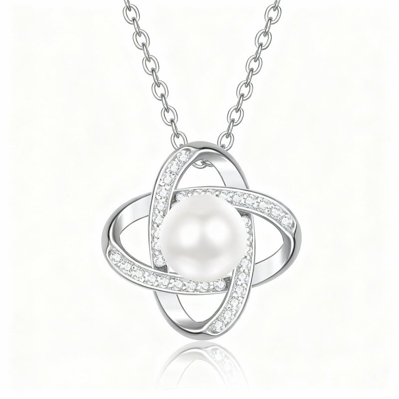 Colar com pendente de trevo de quatro folhas e contas em ouro branco de 10 quilates com zircónias cúbicas, pérolas e pérolas.-3