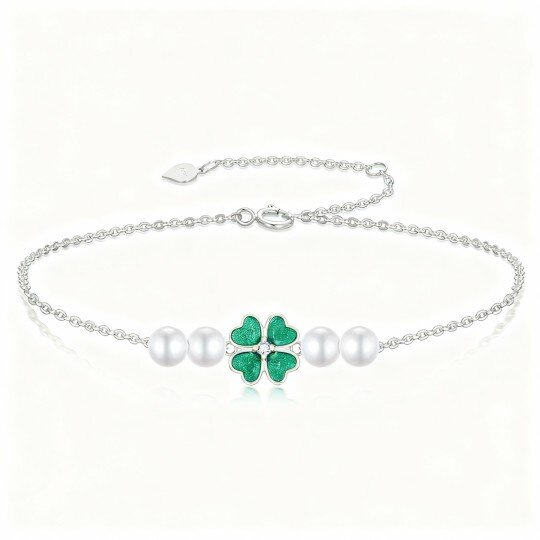 10K White Gold Pearl Four Leaf Clover Charm Bracelet