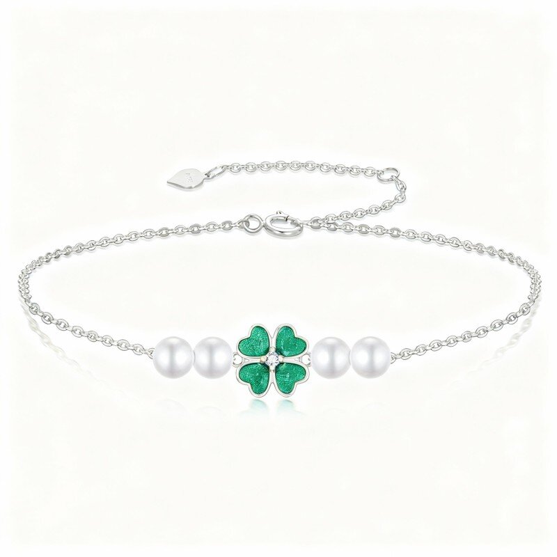10K White Gold Pearl Four Leaf Clover Charm Bracelet-15