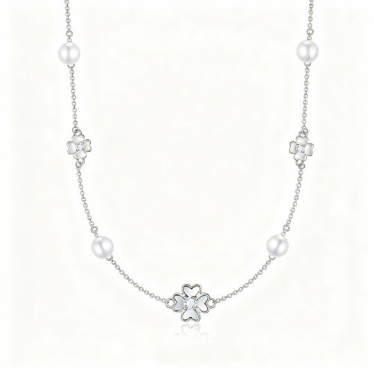 Colar gargantilha em metal com trevo de quatro folhas, pérola e zircónias cúbicas em ouro branco 9K