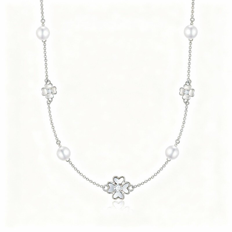 قلادة معدنية من الذهب الأبيض عيار 9 قيراط مرصعة باللؤلؤ والزركونيا المكعبة على شكل برسيم رباعي الأوراق-1