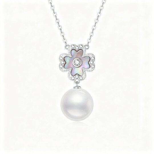 Colar com pendente trevo de quatro folhas em ouro branco 9K com pérola