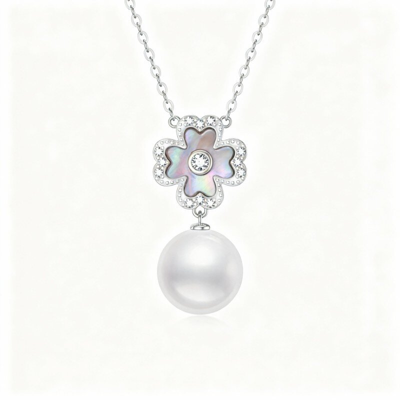 Colar com pendente trevo de quatro folhas em ouro branco 9K com pérola-2