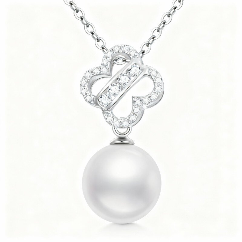 Colar com pendente trevo de quatro folhas em ouro branco 10K com pérola-1