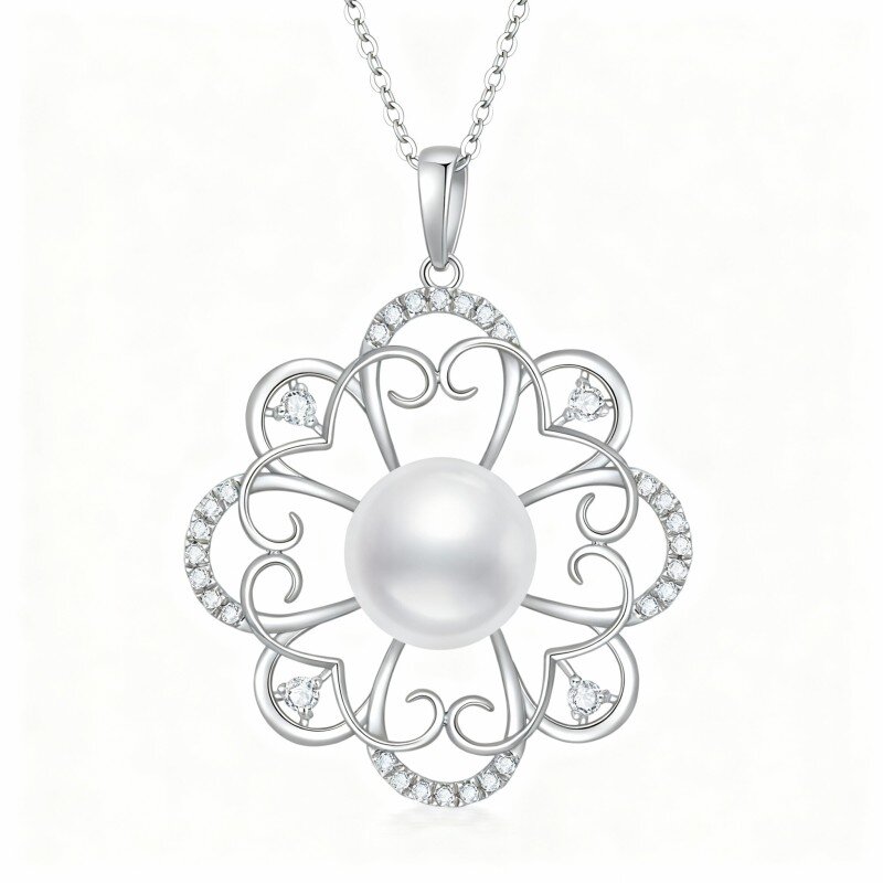 Colar com pendente trevo de quatro folhas em ouro branco 10K com pérola-1