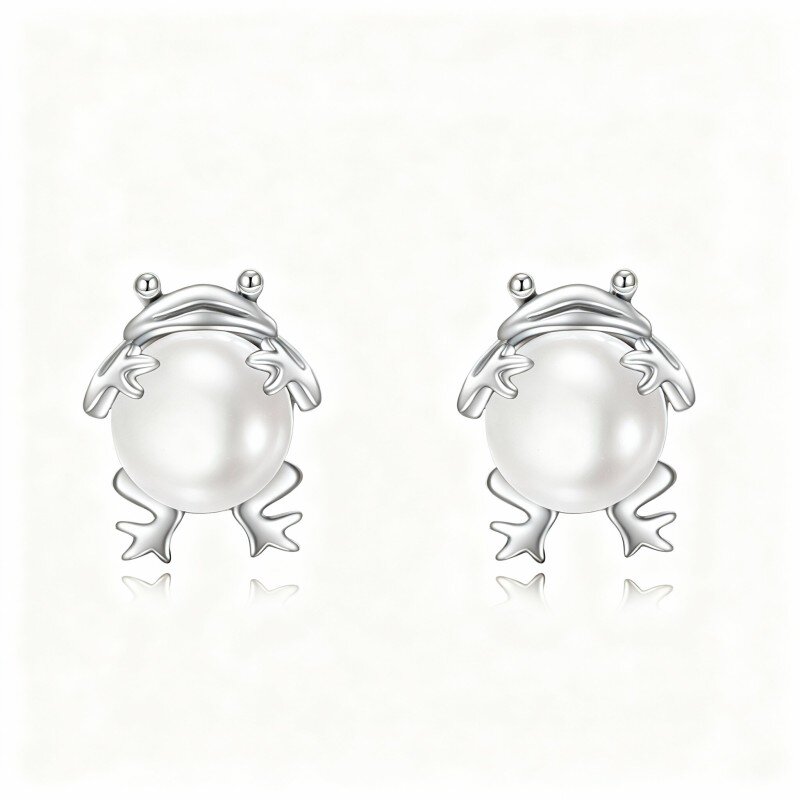 أقراط لؤلؤة الضفدع من الذهب الأبيض عيار 10 قيراط-8