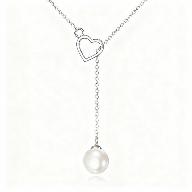 Collana a Y regolabile con cuore di perle in oro bianco 10K-5