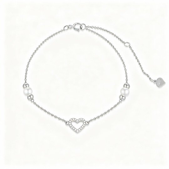 10K White Gold Cubic Zirconia & Pearl Heart Charm Bracelet