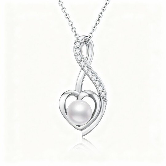 قلادة من الذهب الأبيض عيار 9 قيراط مرصعة باللؤلؤ والزركونيا المكعبة وقلب ورمز اللانهاية