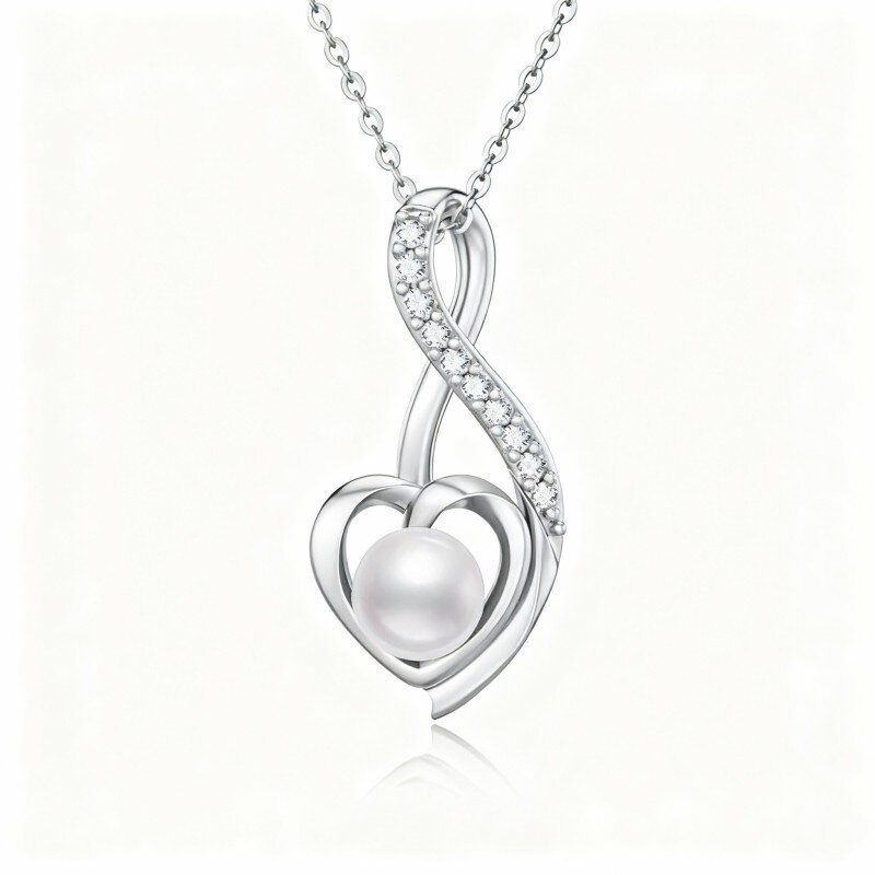 Colar com pendente coração e símbolo do infinito em ouro branco 9K, pérola e zircónias cúbicas-19