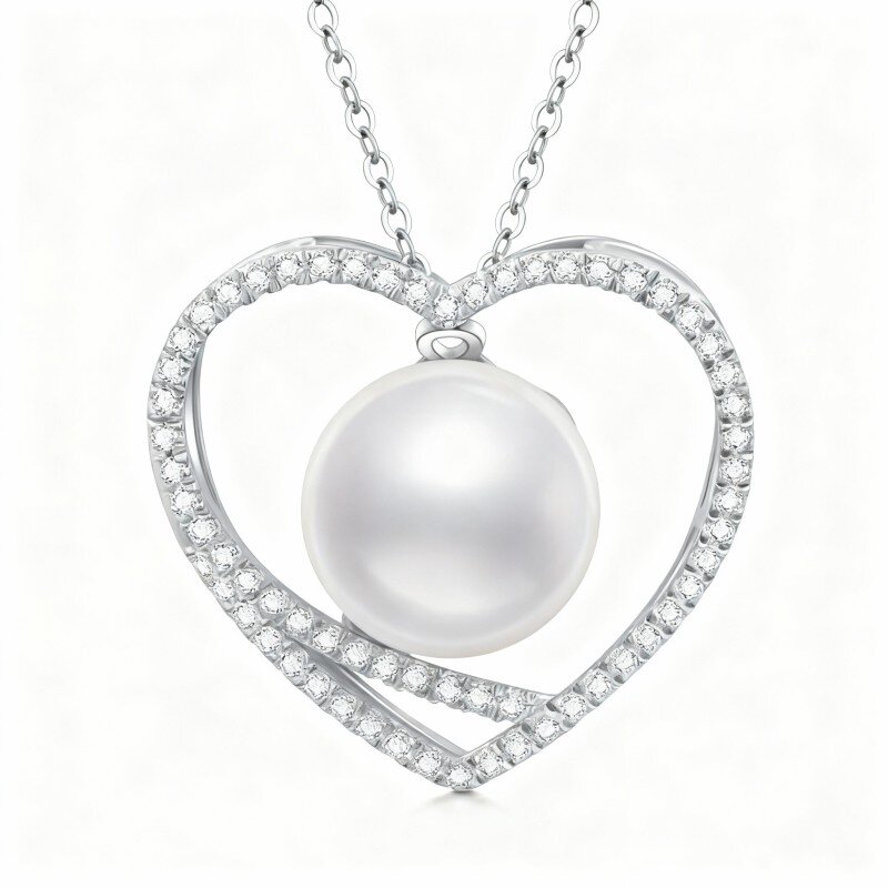 10K White Gold Pearl Heart Pendant Necklace-18