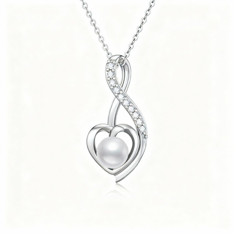 10K White Gold Pearl Heart & Ribbon Pendant Necklace-7