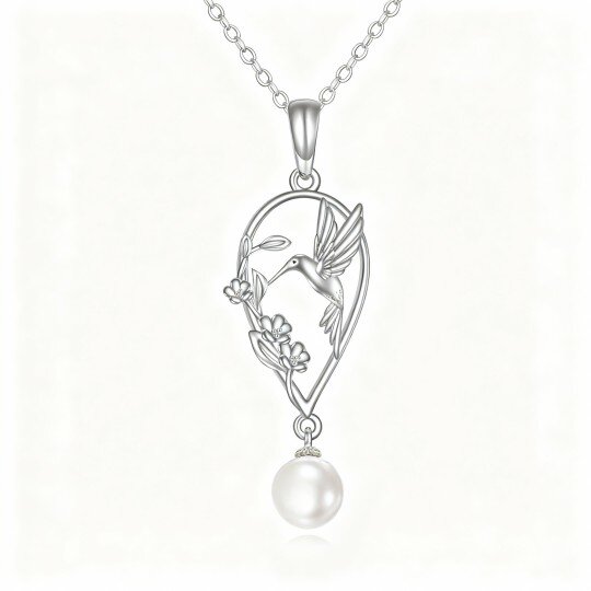 Collar con colgante de colibrí y flores silvestres en oro blanco de 10 quilates con perlas