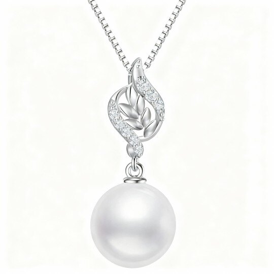 Collana con ciondolo a forma di foglie in oro bianco 10K con zirconi cubici e perle