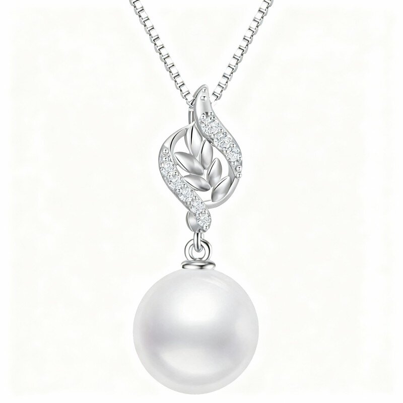 18K White Gold Cubic Zirconia & Pearl Leaves Pendant Necklace-1