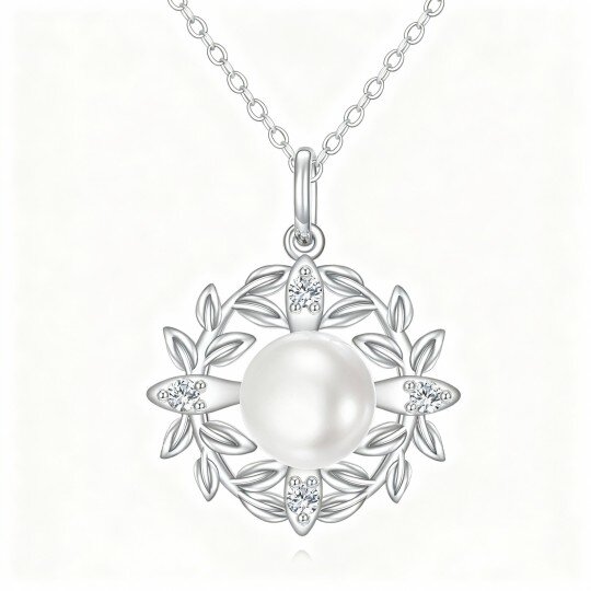 Halskette aus 10-karätigem Weißgold mit Zirkonia und Perlen in Blätterform