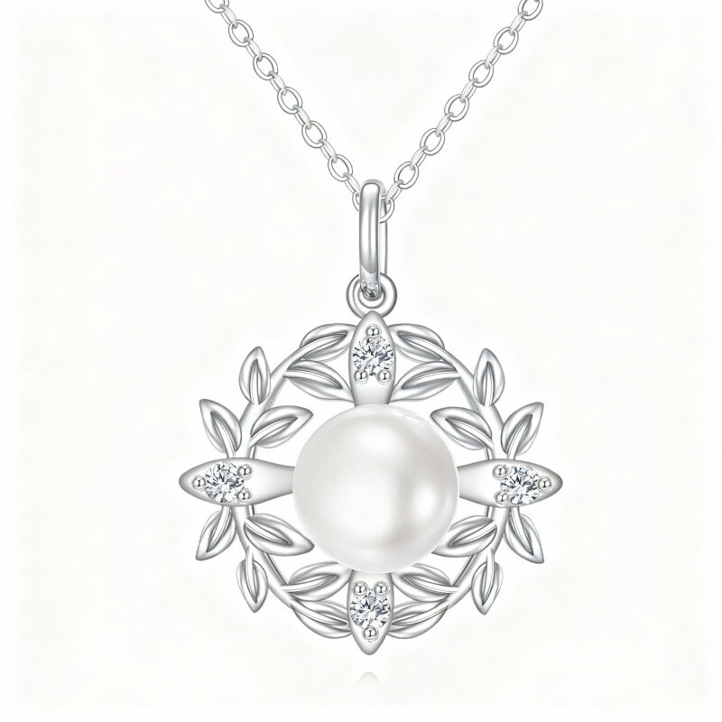 قلادة من الذهب الأبيض عيار 10 قيراط مرصعة بالزركونيا المكعبة وأوراق اللؤلؤ-2