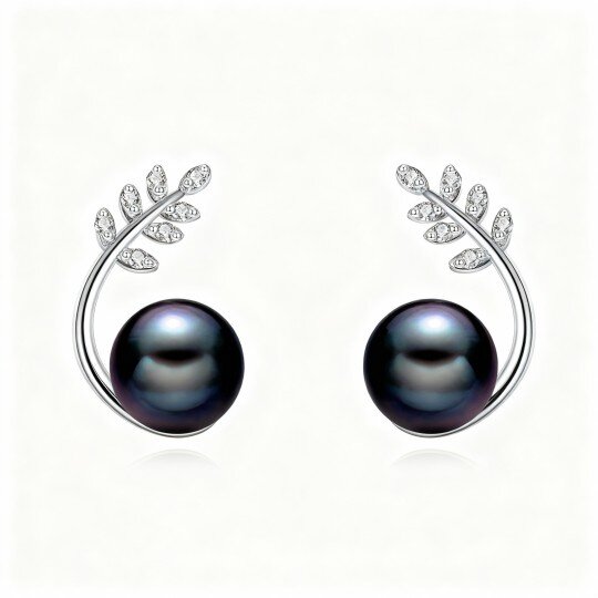10K White Gold Pearl Leaves Stud Earrings