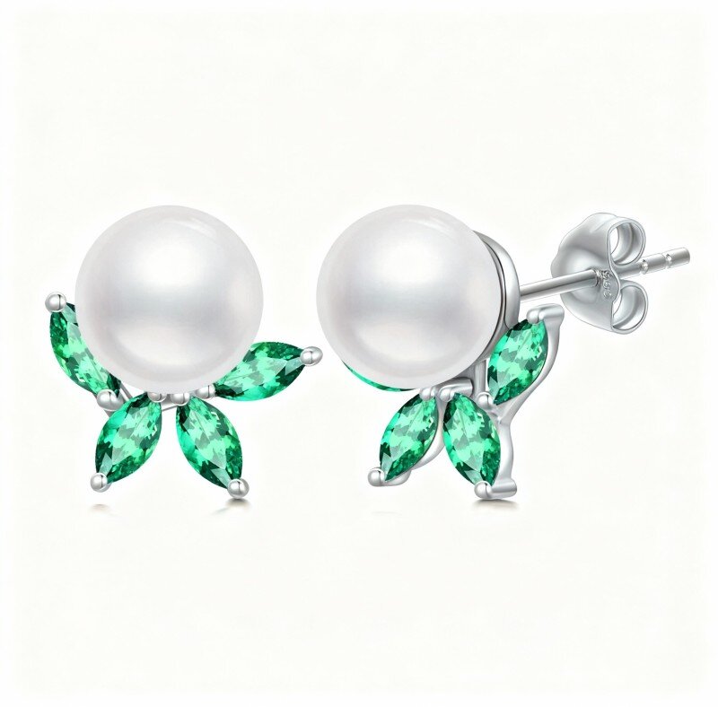 10K White Gold Cubic Zirconia & Pearl Leaves Stud Earrings-20