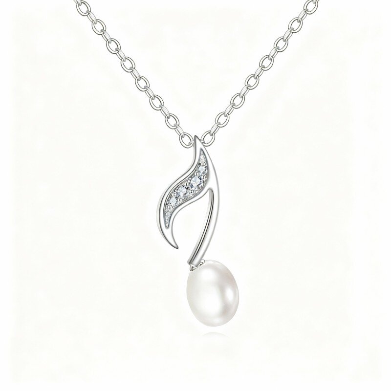 Collana con ciondolo in oro bianco 10K con perla e simbolo musicale-1