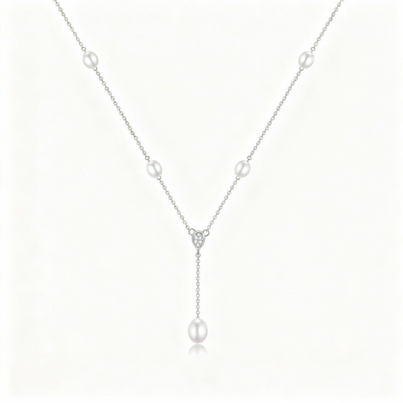 Colar em Y fixo com zircónias cúbicas e pérolas em ouro branco de 9K.-3