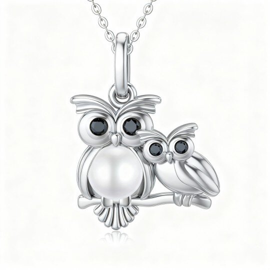 14K White Gold Pearl Owl Pendant Necklace