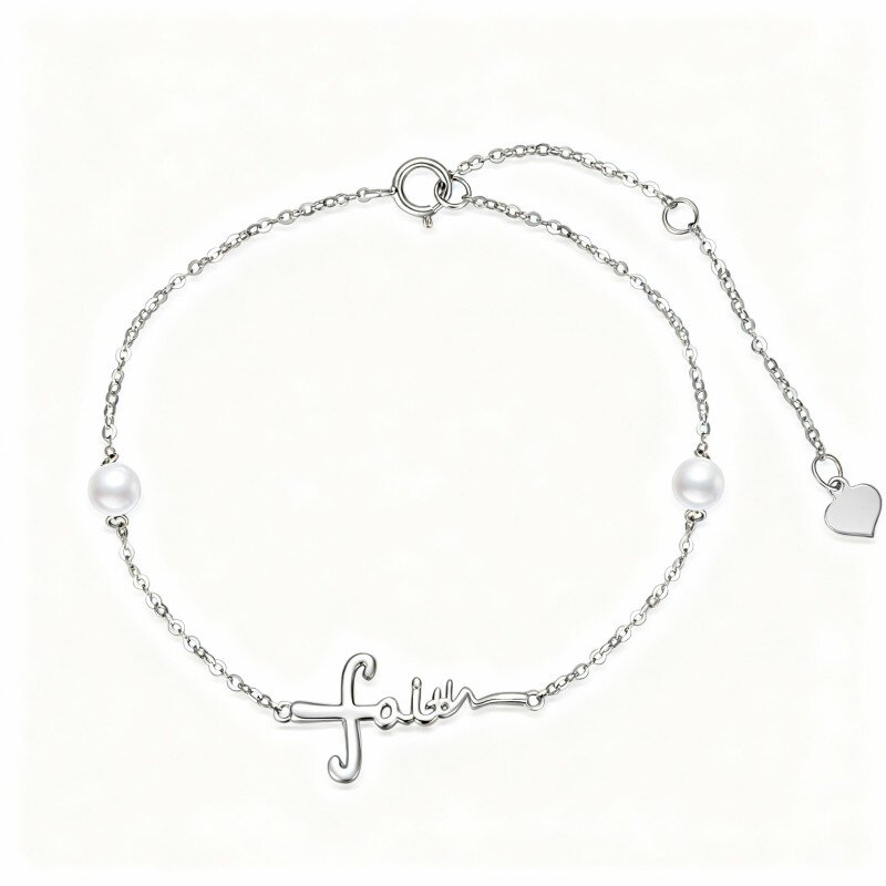 Personalisiertes Charm-Armband aus 14-karätigem Weißgold mit Perle und Gravur-1