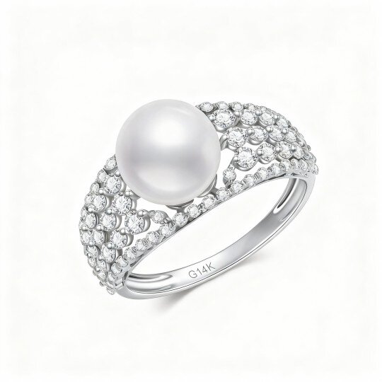 Anillo de oro blanco de 10 quilates con circonita cúbica y perla