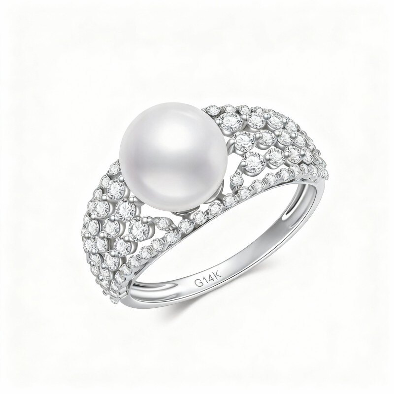 Anillo de oro blanco de 10 quilates con circonita cúbica y perla-8
