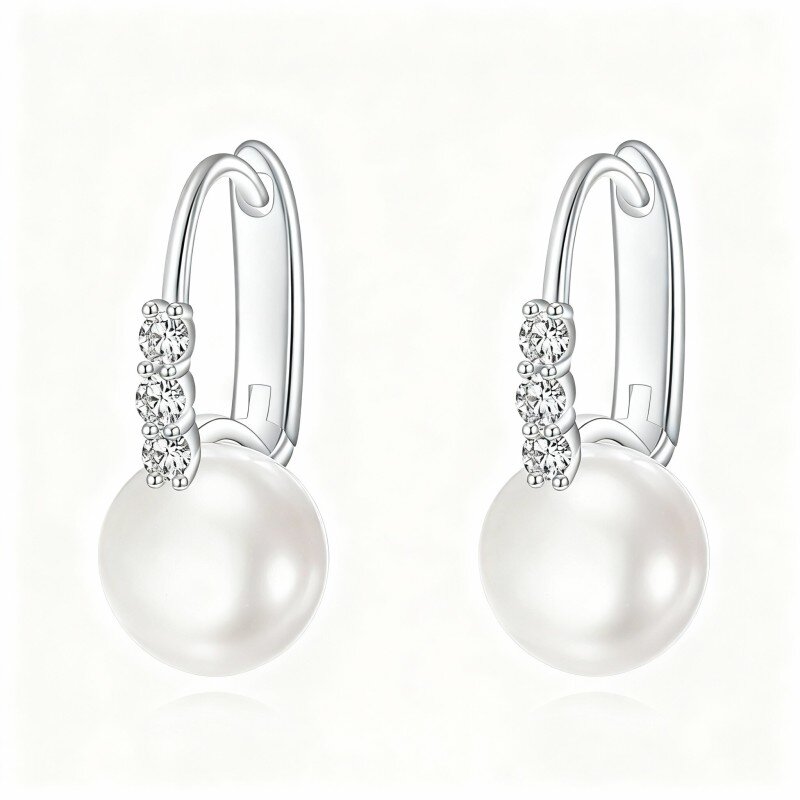 Orecchini a cerchio rotondi in oro bianco 10K con perle-3