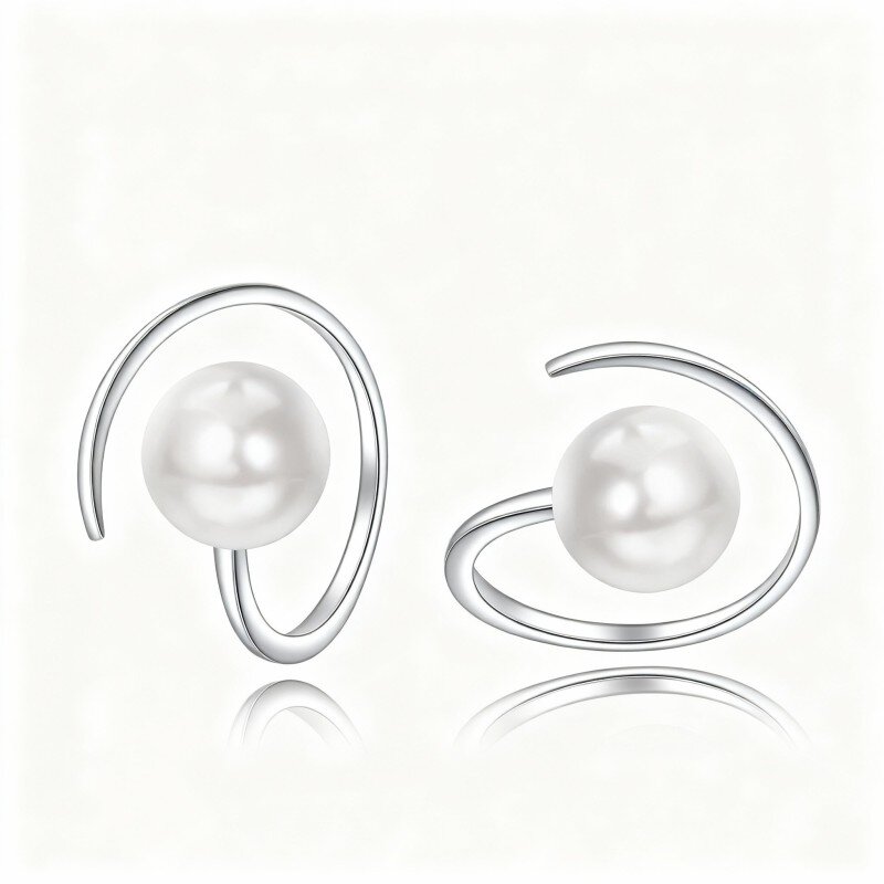 10K White Gold Pearl Round Hoop Earrings-2