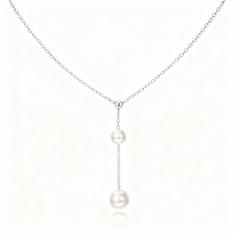 10K White Gold Pearl Round Non-adjustable Y-Necklace-3