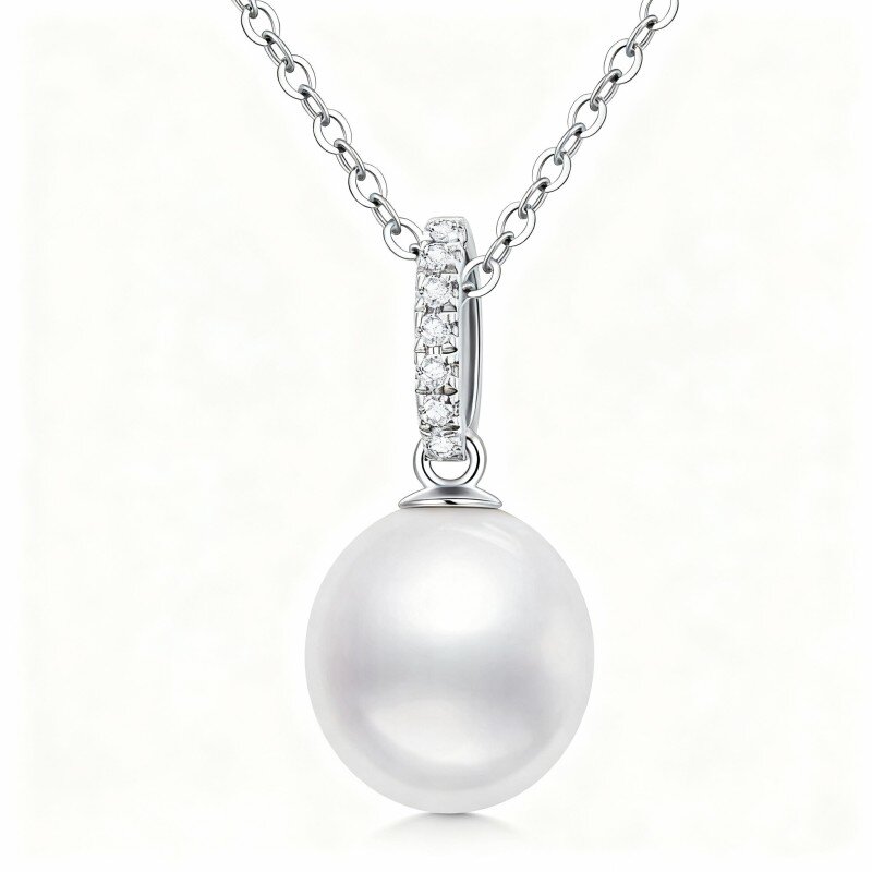 10K White Gold Pearl Round Pendant Necklace-20