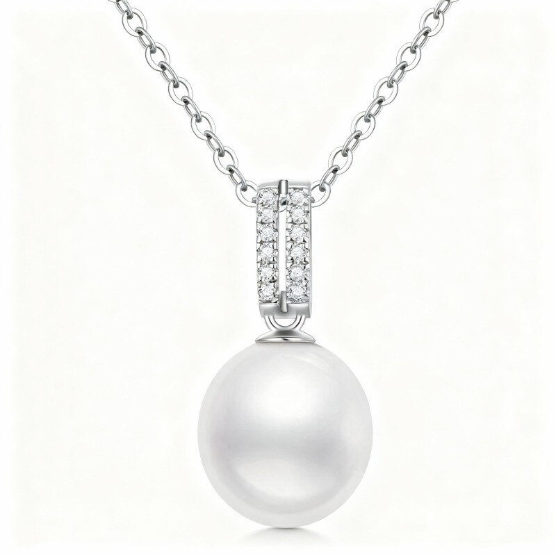 10K White Gold Pearl Round Pendant Necklace-19