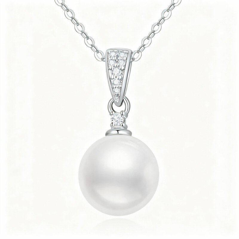 10K White Gold Pearl Round Pendant Necklace-13