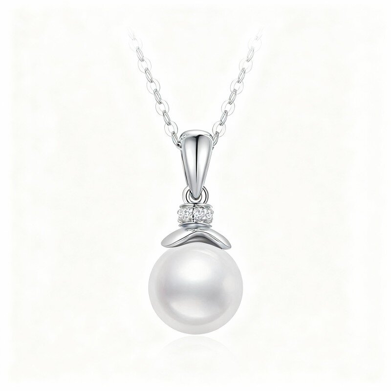 Colar com pendente redondo de pérola em ouro branco 9K-17