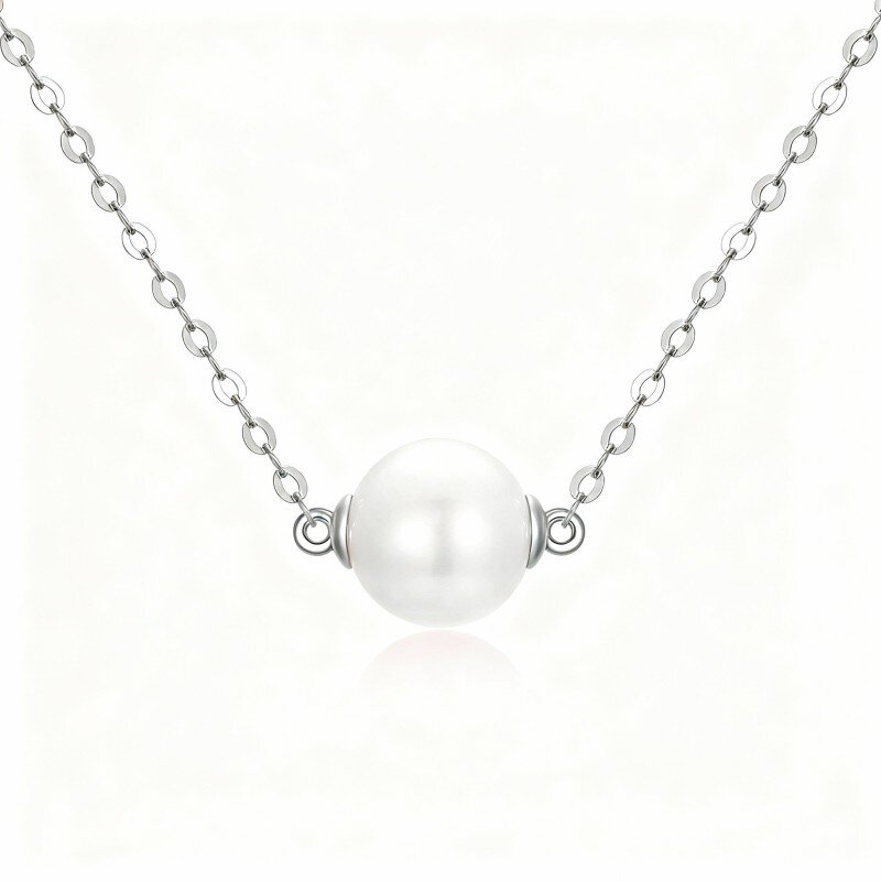 Collana con ciondolo rotondo in oro bianco 10K e perla-5