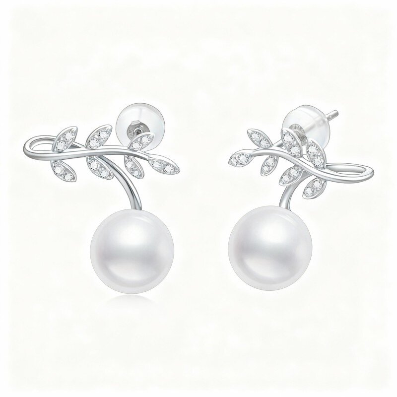 Orecchini a bottone rotondi con perle in oro bianco 10K-1